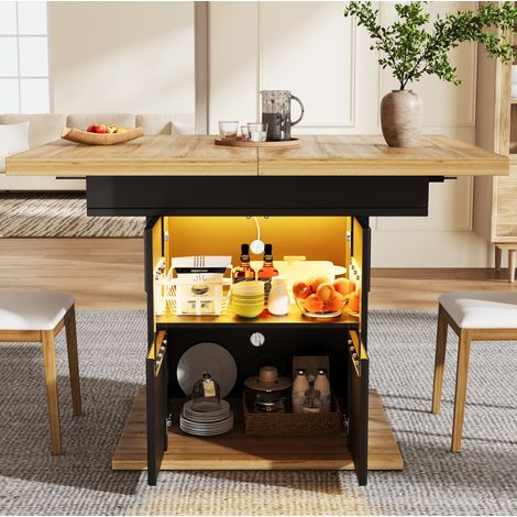 Mesa de comedor extensible de MDF y metal, 110/140 x 80 x 76 cm, negro, con almacenaje y LED (1/5)