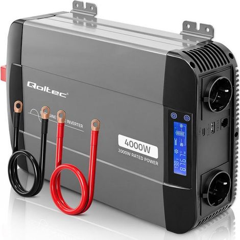Convertidor de voltaje de onda sinusoidal pura Qoltec  12V a 230V  2000/4000W  LCD  USB  USB-C  Compatible con LiFePO4 GEL