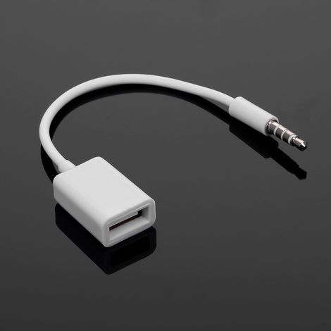Câble adaptateur OTG (blanc) : prise audio AUX mâle 3,5 mm pour voiture vers USB 2.0 femelle (1/5)