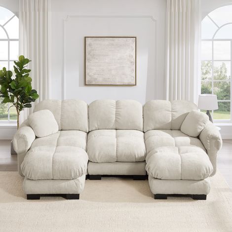 U-3-Sitzer-Sofa mit beweglicher Ottomane und 2 Kissen, Chenille, Hellkhaki OKMYHOME (1/5)