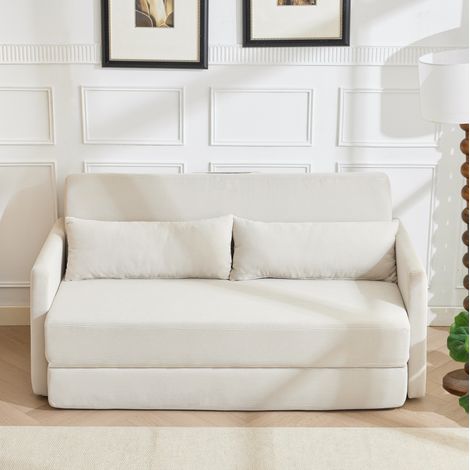 Sofá cama plegable de 2 plazas en tejido acanalado, 165 x 92 x 82 cm, beige OKMYHOME (1/5)