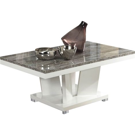 DENYS - Table Basse Rectangulaire Laqué Blanc et Effet Bois Taupe (1/3)