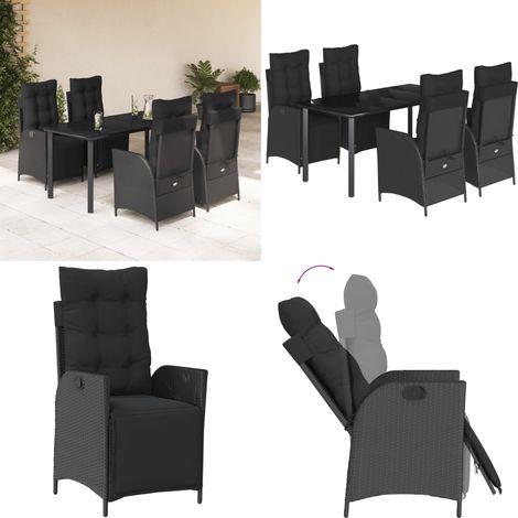 Set da Pranzo da Giardino 5 pz Nero con Cuscini in Polyrattan - Sedie da giardino reclinabili - Tavolo da giardino