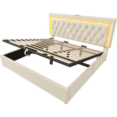 Letto contenitore 180 x 200 cm in velluto beige con LED, porte USB e USB-C, rete a doghe (1/5)