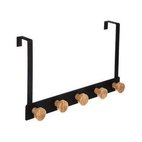 Patère murale sans perçage 5 crochets bambou métal noir 33cm, porte-manteau salle de bain pour vêtements et serviettes (1/5)