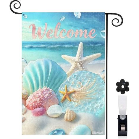 Drapeau de jardin bienvenue 30 x 45 cm motif coquillages marins et étoiles de mer toile double face décoration extérieure (1/5)