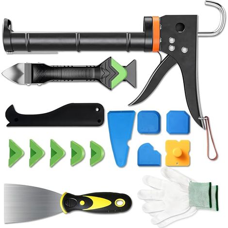 15 Pcs Silicone Seal Gun Kit, 5 in 1 Silicone Sealant Remover Caulking Tool, Scraper Seals Tiles, Straightener, Gloves, for Window Sink Kitchen Bathroom (1/5)