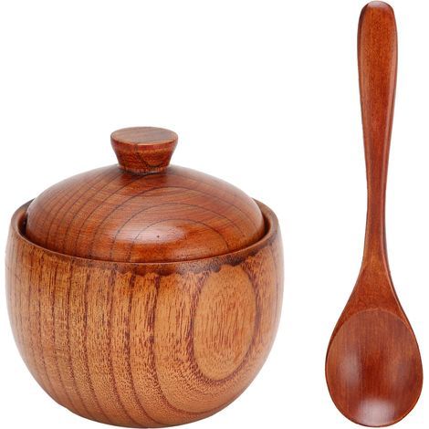 Pot à épices en bois, bol à sucre, sel, poivre, boîte à assaisonnements avec cuillère et couvercle, ustensile de cuisine (1/5)