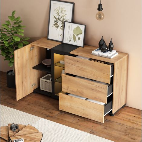 Credenza 140/40/80 cm nero e marrone con LED RGB, 3 cassetti e ripiani regolabili (1/5)