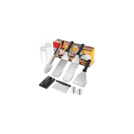 Ensemble d'ustensiles pour plancha 10 pièces – Acier inoxydable – Spatules, pince et grattoir – Accessoire barbecue pour teppanyaki