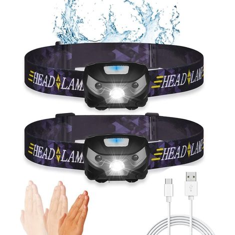 Torcia frontale a LED ricaricabile tramite USB, 4 modalità di illuminazione, 1200 mAh, potente torcia frontale per ciclismo, campeggio, escursionismo, pesca - 2 pezzi