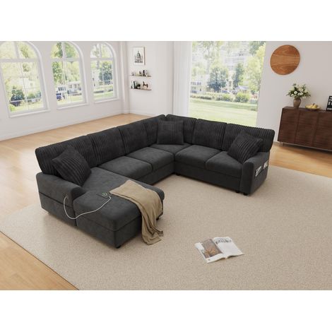 Sofá rinconera en u - 249 x 196 x 83 cm - 6 plazas con chaise longue y 3 cojines - puertos usb y tipo c - pana y chenilla moderno - negro