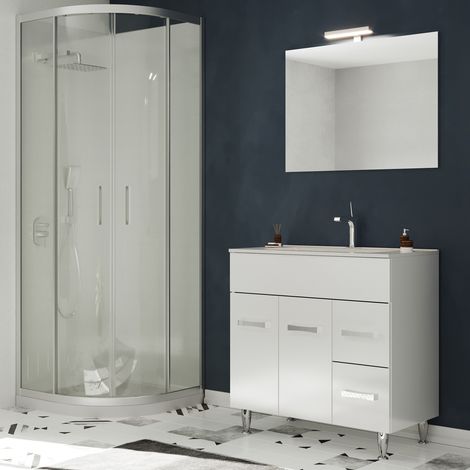 Saniverre – Meuble salle de bain sur pieds avec vasque simple céramique 80 cm – 2 portes battantes – 2 tiroirs coulissants – Miroir inclus
