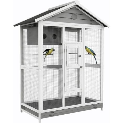 Cage à oiseaux en bois avec 4 perchoirs et toit en asphalte imperméable 112 x 68 x 154 cm (1/5)