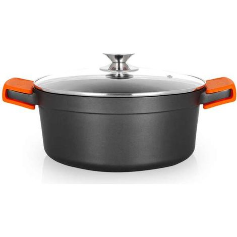 Orbegozo CDH 3028 Aluminiumguss-Kasserolle, 6,7 L, PFOA-freie Antihaftbeschichtung, Deckel aus gehärtetem Glas, Silikongriffe de