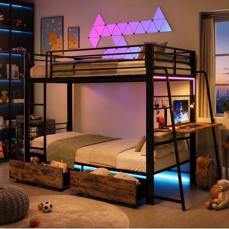 tagenbett 140x200 cm Metallrahmen, Hochbett mit Schreibtisch & 2 Schubladen, Musik-Sync LED-Leiste, Steckdose, Gitter & Leiter, Belastbarkeit 250kg, Schwarz (1/5)