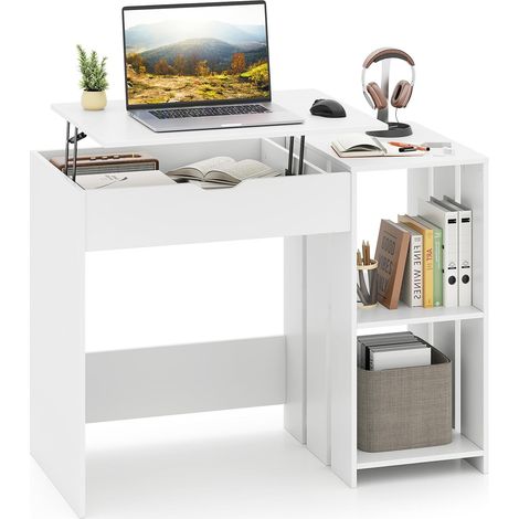 Costway – Bureau relevable blanc 100x49x75 cm – Bois aggloméré – Compartiment caché et 2 étagères ouvertes – Pour travail assis/debout (1/5)