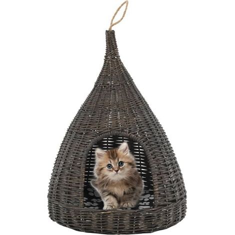 Un panier rembourré pour chat, gris, 40x60 cm, en osier naturel.
