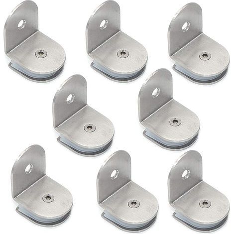 AIDUCHO Juego de 8 abrazaderas de vidrio de acero inoxidable 304 de 90 grados, soporte para estante de vidrio, montaje en pared, para paneles de vidrio de 8 a 12 mm de espesor, acabado cepillado. (1/5)