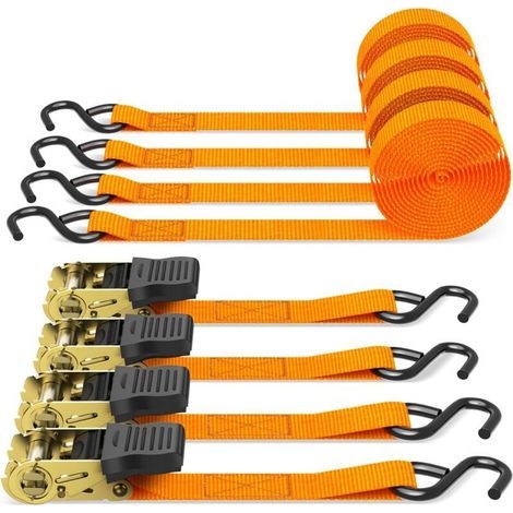 Sangle à cliquet 4 pièces,680kg 5 m Sangles de Serrage à cliquet Sangle d'arrimage avec tendeur à cliquet pour équipement de Jardin, appareils de déménagement, Moto, Orange (1/5)