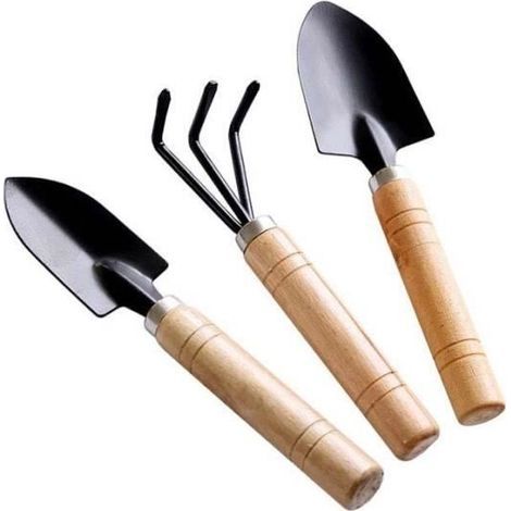 3-teiliges Set Mini-Gartengeräte aus Edelstahl mit Holzgriffen für Topfpflanzen - Schaufel, Rechen, Spaten für [A748F0D] (1/4)