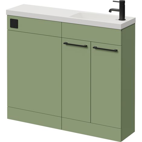 Napoli 250 Olive Green 1000mm 2 Door Vanity Unit Toilet Suite with Round Silvo Basin - 1000mm - Matt Black 160mm HandleWithout Jubilee Toilet Pan