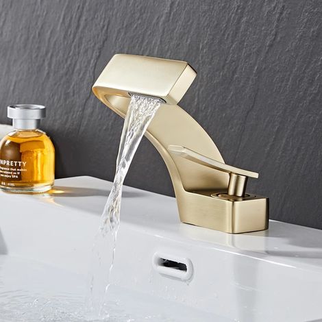 Robinet de lavabo tout cuivre, design luxueux doré avec effet cascade créatif, robinet monotrou pour lavabo, eau chaude et froide. (1/5)