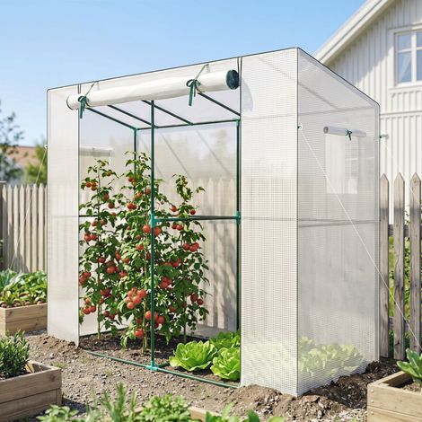Mini serre adossée porte enroulable fenêtres moustiquaires anti-UV pour fleurs et semis, blanche (1/5)