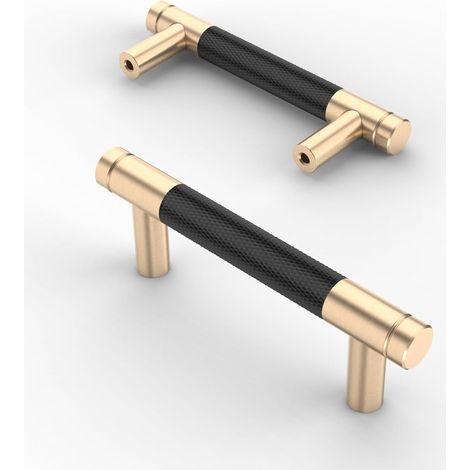 Set aus 2 mattschwarzen, gerändelten, goldfarbenen Möbelgriffen, 76 mm, für Küchenschubladen und -schränke