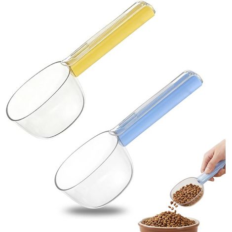 Lot de 2 cuillères doseuses avec clip de verrouillage intégré - Cuillère doseuse pour animaux - Cuillère doseuse pour chien - Bleu + jaune - Convient aux croquettes et à la pâtée - Bleu (1/5)