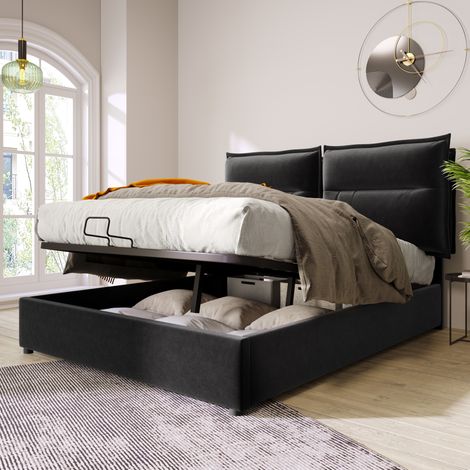 Cama con espacio de almacenamiento de terciopelo negro 140x200 cm con cabecero ajustable y somier de láminas (1/5)