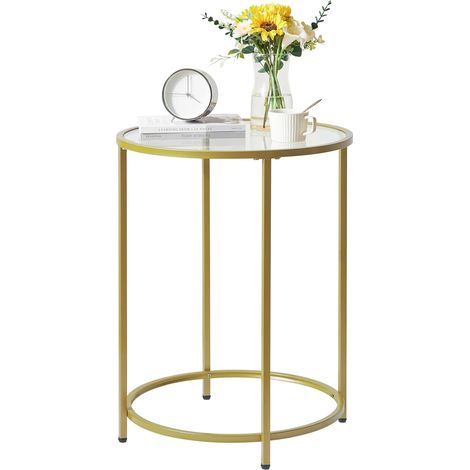 Table Basse, Table d’Appoint Ronde, Dessus en Verre Trempé, Cadre en Métal, Bout de Canapé, Table Console, Table de Chevet, pour Salon, Balcon, 50×50×65CM Doré HGD020G (1/5)