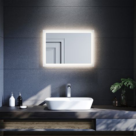 SONNI Badezimmerspiegel mit Beleuchtung Badspiegel LED 50x70cm Wandschalter warmweiß Licht Vertikal oder horizontal Montierend IP44,Energiesparend