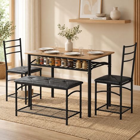 Ensemble repas 4 pièces pour 4 personnes, table 100x60 cm avec rangement, 2 chaises et banc rembourrés PU, métal noir et bois brun (1/5)