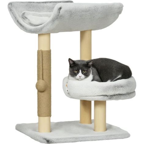 Abre à chat avec griffoir 1 niche supérieure avec coussin lavable 1 niche ronde peluche hauteur 60 cm gris (1/5)