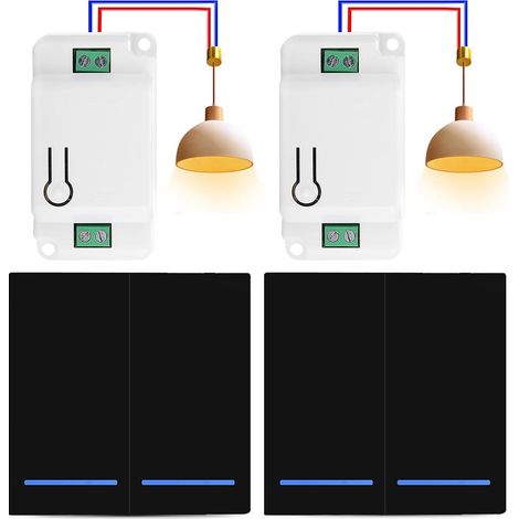 Set d’interrupteurs sans fil RF433, 230V, émetteur de sécurité et récepteur-contrôleur de 50M, interrupteur sans fil, installation simple pour lampes jusqu’à 2000W - 2 interrupteurs noirs et 2 (1/5)