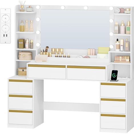 135cm Coiffeuse avec Miroir, Table de Maquillage avec 3 Lumières LED à Luminosité Réglable, Prises de Courant, Support pour Sèche-Cheveux, 8 Tiroirs et Étagères Ouvertes, Blanc-Or (1/5)