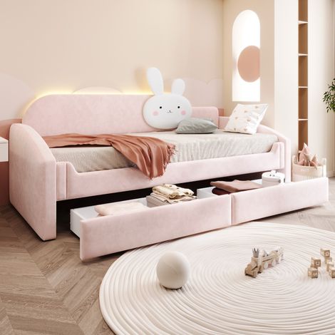 Canapé-lit enfant velours rose 90x200cm, rangement, éclairage LED, dossier coussin lapin, accoudoirs rembourrés, lit d'appoint salon (sans Matelas) (1/5)