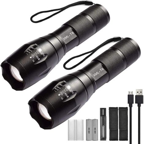 Lot de 2 lampes Torche de poche LED haute puissance avec 2 piles rechargeables 18650, lampe de poche tactique avec chargeur USB (1/5)