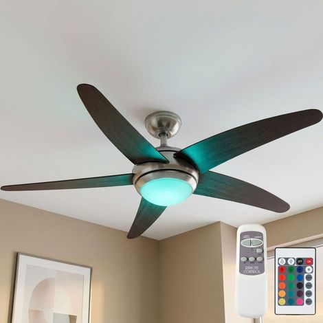 Deckenventilator Deckenleuchte Wohnzimmerlampe Raumlüfter Schlafzimmerleuchte mit Fernbedienung, Metall Glas MDF braun silber, dimmbar, 1x RGB LED 4,8W 470Lm 3000K warmweiß, D 132 cm (1/5)