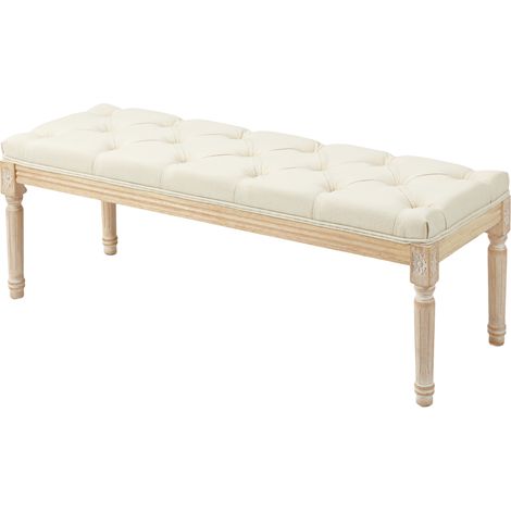 Banc Banquette classique capitonné 115cm bout de lit Rembourrée en lin - bois d'hévéa sculpté, patiné - crème (1/5)