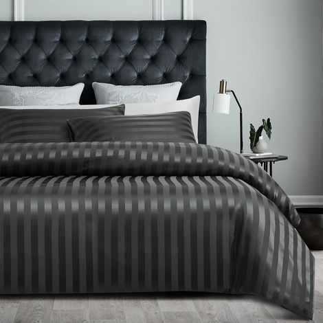 3 Pièces Housse de couette, 220x240 cm, Satin microfibre, Gris rayé, 2 Taies d'oreiller 65x65 cm, Chambre adulte
