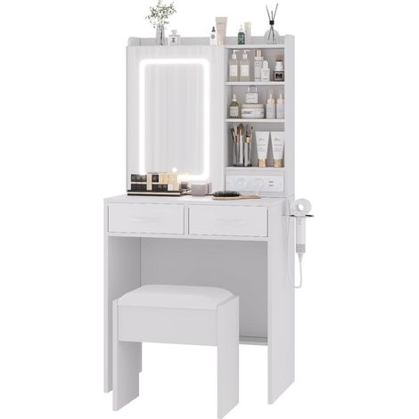 Coiffeuse avec Miroir Lumineux LED, Station de Charge et Tabouret de Rangement Rembourré, Table de Maquillage Moderne avec 3 Modes d'Éclairage et Nombreux Rangements pour Chambre