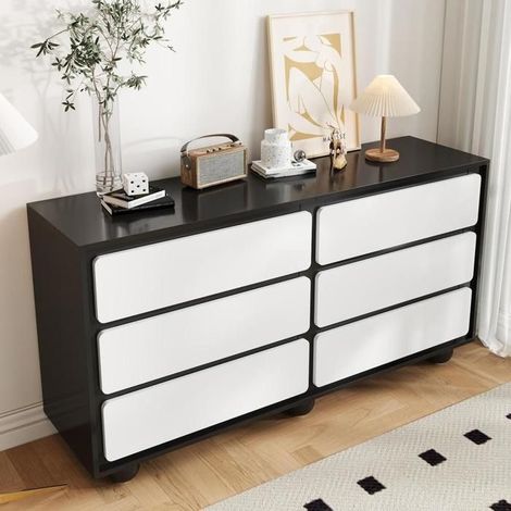Commode - KOMHTOM - 140x38x74,5cm - 6 tiroirs - Noir et blanc - Pieds métalliques (1/5)