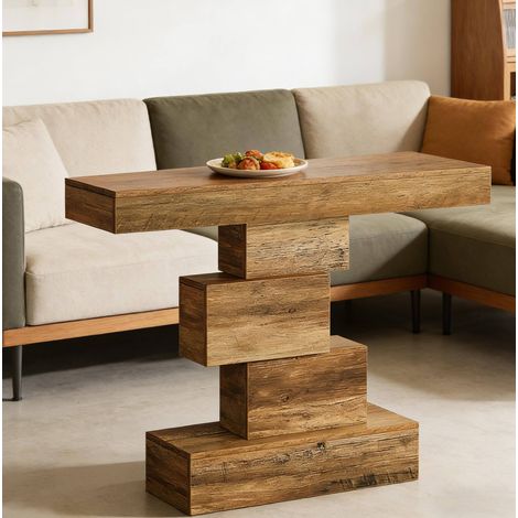 Tavolo consolle 108x30x80 cm, design a gradini con base geometrica, per ingresso e soggiorno, legno marrone chiaro (1/5)
