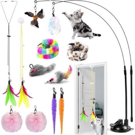 Interieur Jouet pour Chat avec Ventouse, 12pcs Canne à Pêche pour Chat avec Plume, Jouet Cha t Ventouse avec Cloche, Jou et à Plumes avec Cloche, Jou et pour Cha t Suspendu pour Petits et Grands Cha t (1/5)