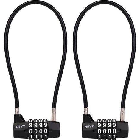 Cadenas à combinaison câble d'acier 28cm 5mm, 4 chiffres, pour casiers, armoires, clôtures, lot de 2