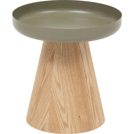 Atmosphera – Table d'appoint ronde 41cm – MDF et acier – Finition mate – Placage bois frêne – Piètement avec patins – Couleur vert de gris (1/5)