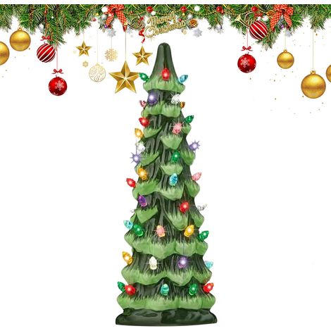 Sapin de Noël rétro peint à la main avec minuterie, arbres de Noël en céramique qui s'allument, sapin de Noël de table avec lumières LED, pour décoration festive de table (lumières colorées, 25 cm) (1/5)