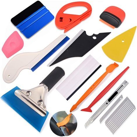 Kit Covering Outil d'installation de pellicule de vinyle teinté pour fenêtre, comprenant un grattoir en plastique, un racloir à eau, bâtonnet en micro-vinyle, cutter, couteau universel et des lames (1/5)